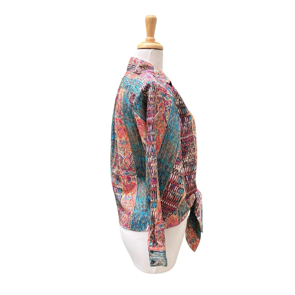 VTG Artsy Patchwork Multi-Print Blouse Sz Md Colorful Tie Front Button Down Top - Picture 8 of 13